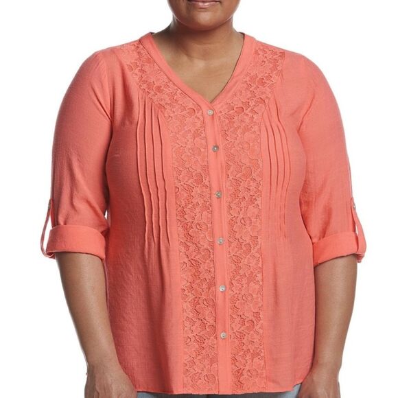 Studio Works | Coral Button Front Top with Lace | Large - Picture 10 of 10